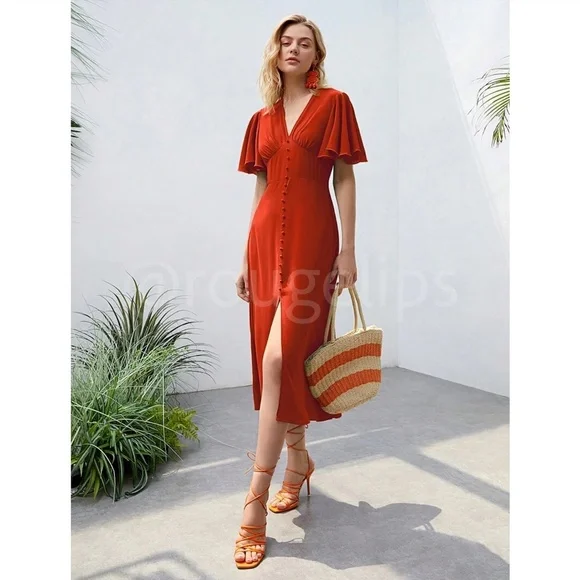 Burnt Orange V-Neck Midi Dress Fit and Flare Butterfly Sleeve Faux Button Front - Picture 3 of 12